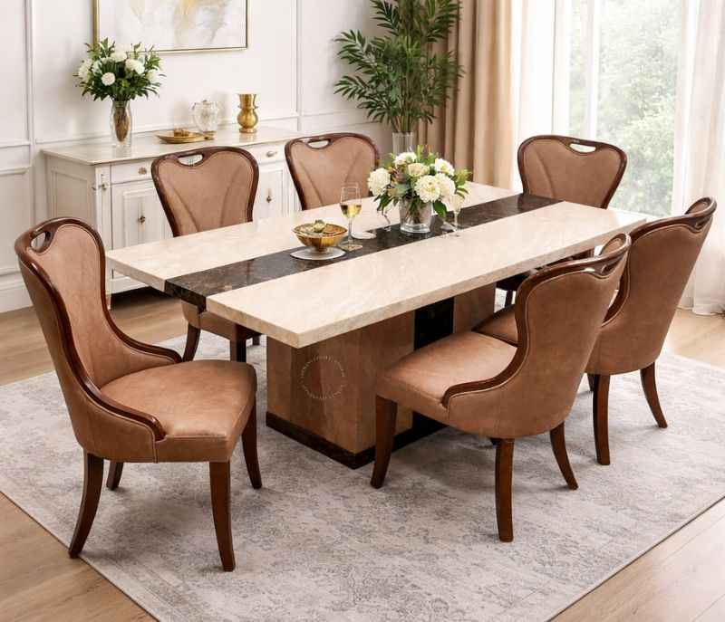 372 Dinning table + 208 Chair Solid Rubber Wood Artificial Marble (BTM)