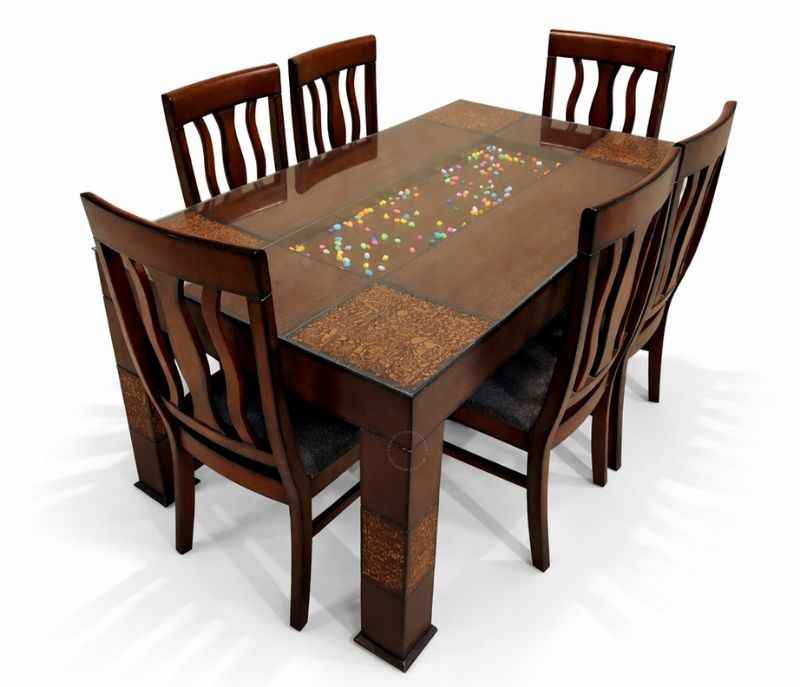 Image 2 for E 6 Seater Teak Wood Dining Set with Premium Fabric Upholstery (BSK)