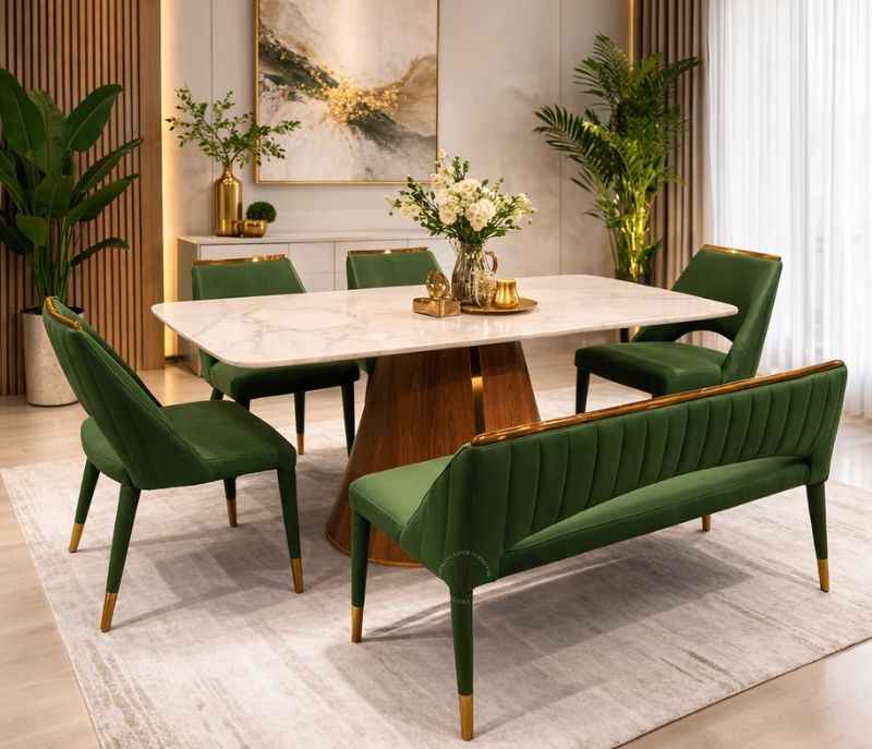 M10+DBH Onyex (1.7) New+Dining Chair CL 1058 Green +Dining Bench CL1080 Onyex Marble Top (HYD)