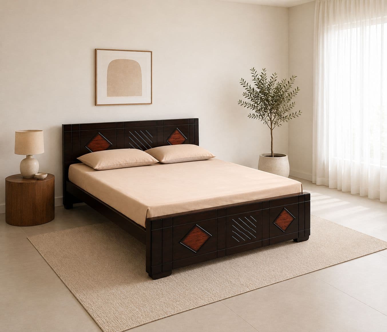 Laddu Diamond Cot Queen Size 5x6½ Without Storage With Assam Teak Wood And Block Board (BSK OTD)
