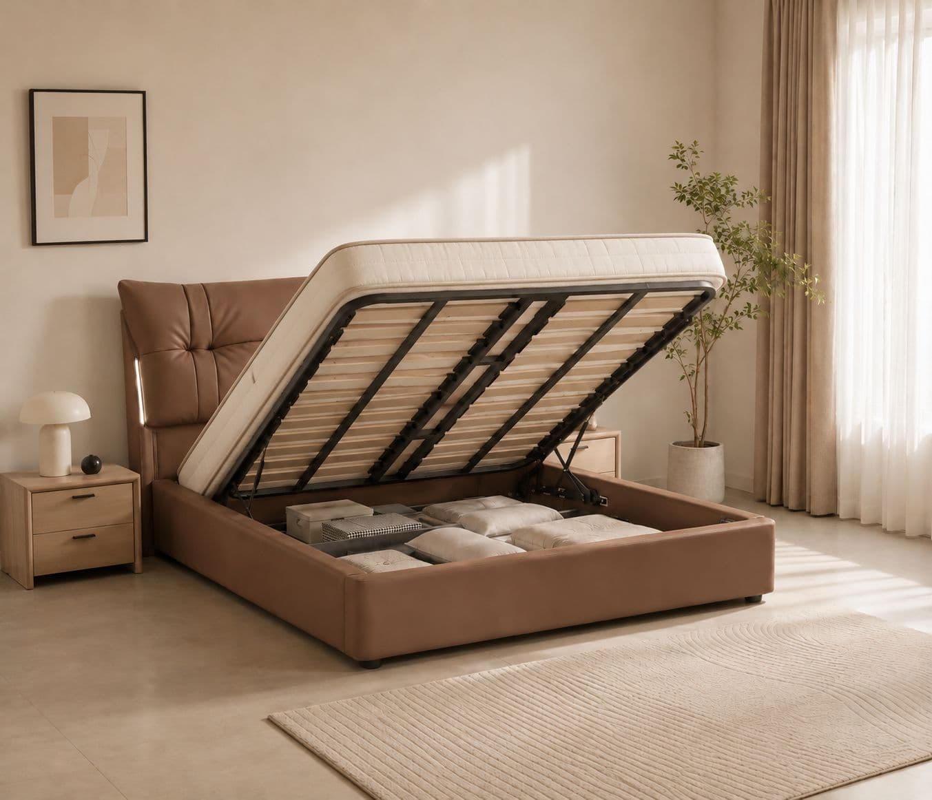 2508 Leather Cot Queen With Hydraulic Multi Layer Solid Wood Full Grain Leather (EC)
