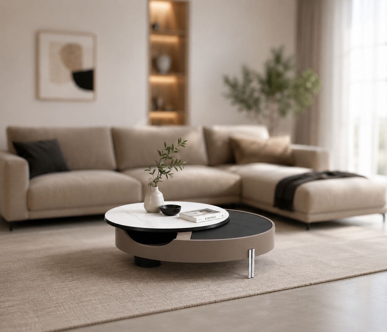 Center Table D2064 With Marble Top And Wood And Metal Base With Storage (HYD)