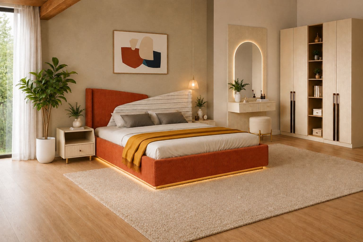 45004 Bedroom Set Hydraulic Storage Bed one Bed Side Table  5 Door Drawer  Wardrobe And Dresser Storage Table (HYD OTD)