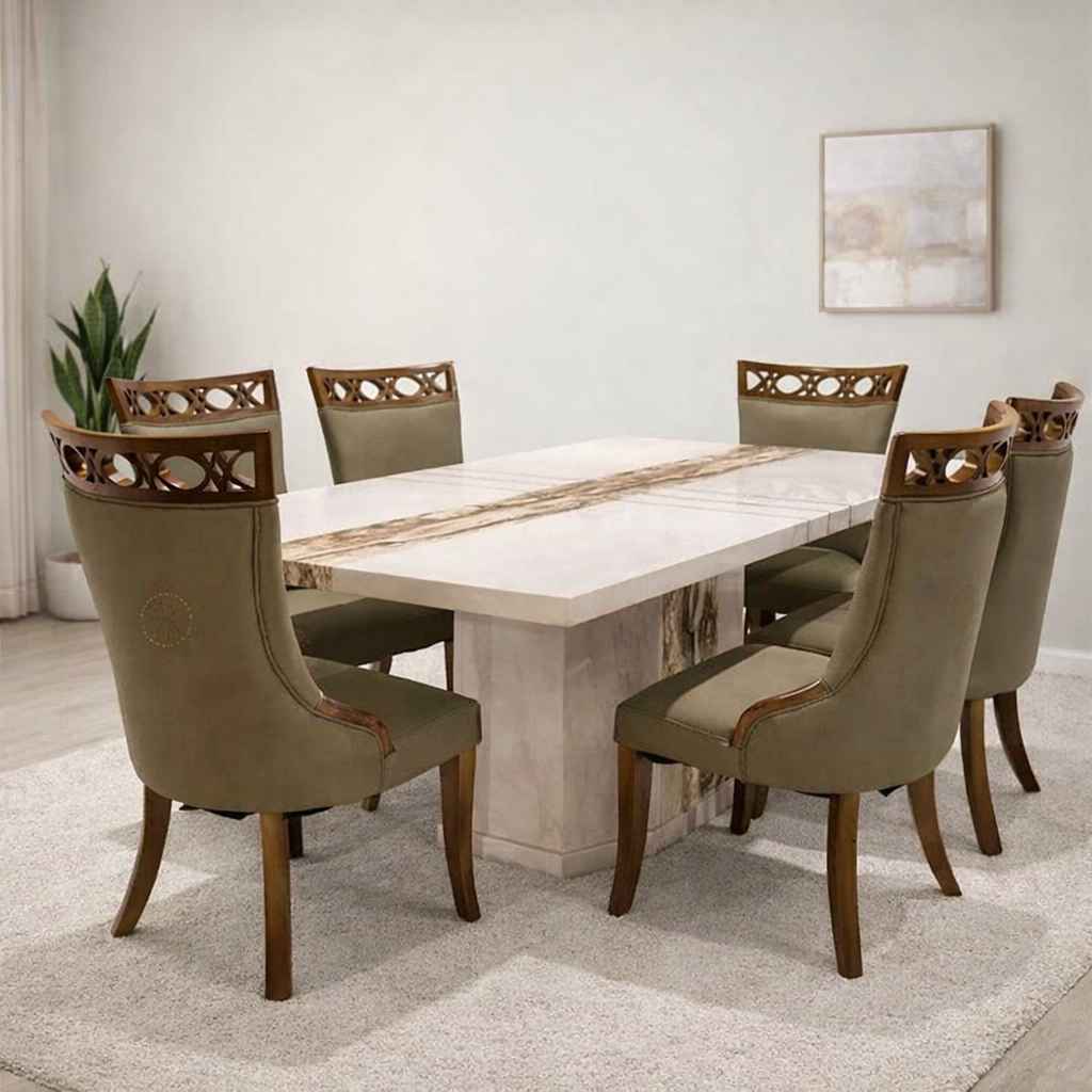 DT - 1061-1/3330 6 Seater Marble Dining Set with Premium Leatherette Upholstery (BTM)(EC)(KORA)