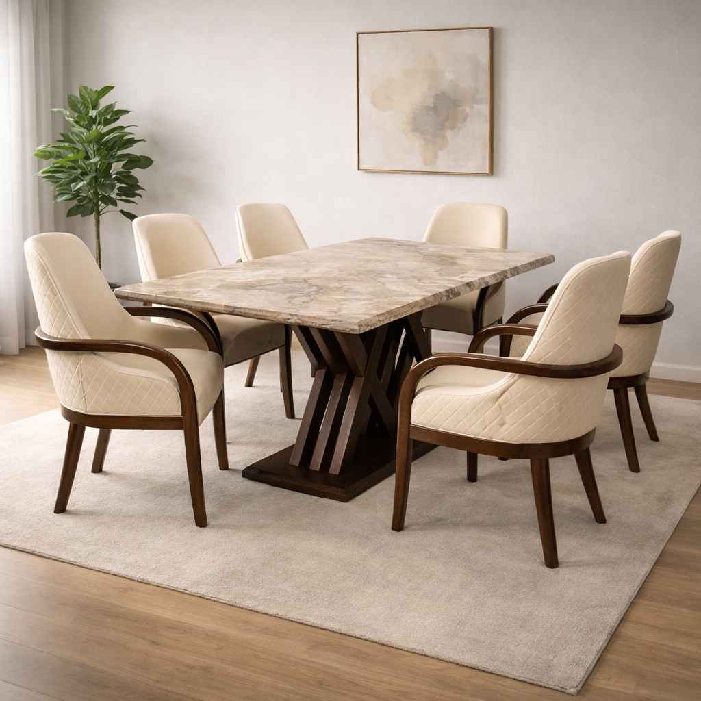 DT 33 6 Seater Bati Marble Dining Set with Premium Leatherette Upholstery (BSK) (EC) (WF) (BWD) (BTM)