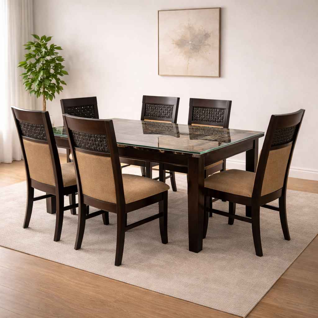 Chocolate DT 6 Seater Assam Teak Wood Dining Set with Fabric Upholstery (BTM) (LGP)
