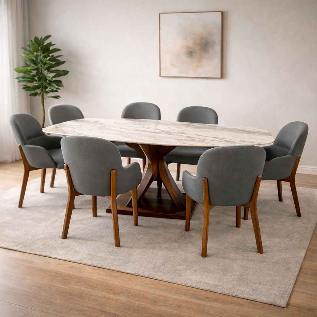 DT 182-136 6 Seater Marble Dining Set with Leatherette Upholstery (BWD)