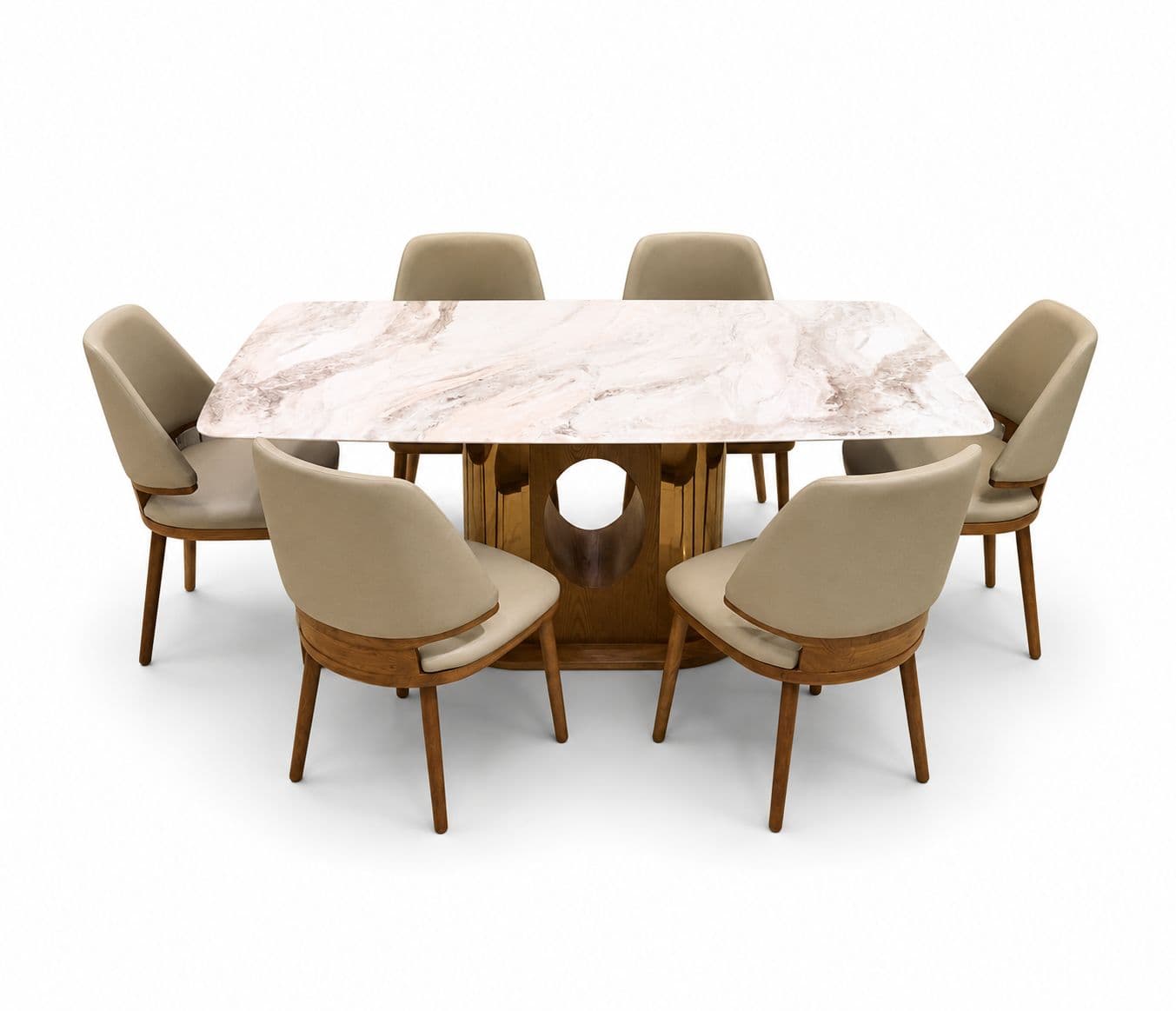 Image 5 for Dining Set  699/2127/323 Chair 1+6 Marble Top Ash Wood With Metal Strip