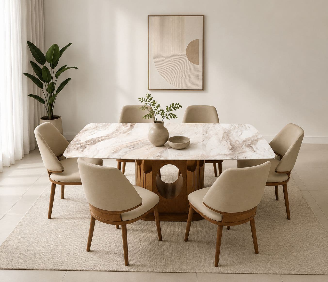 Dining Set  699/2127/323 Chair 1+6 Marble Top Ash Wood With Metal Strip (HYD)