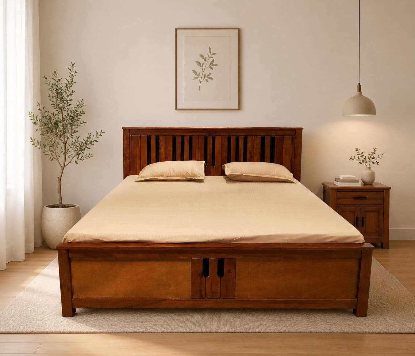 Piano Cot Queen Size Without Storage (Mahogany Wood, Brown)(KORA)