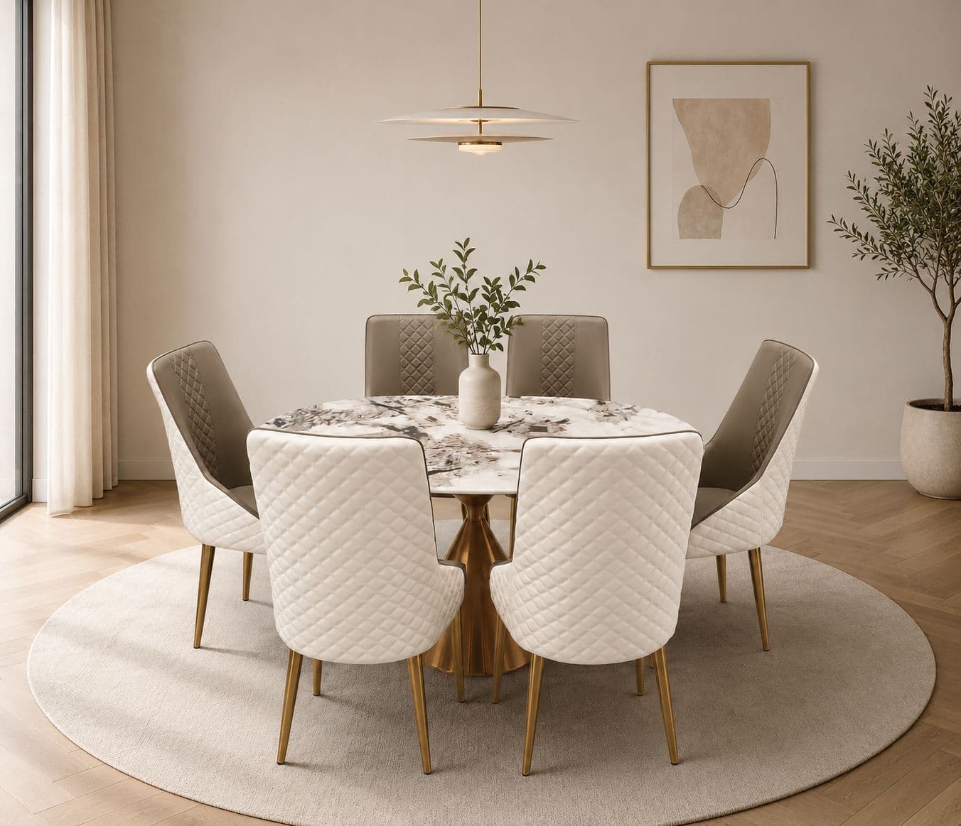 A890/ C609 Grey Chair 1+6 Seater Dining Set With Marble Top And PVD Gold Base (HYD)