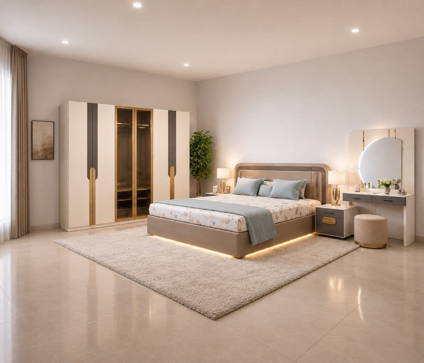 45005 Bedroom Set King Size 72x78 With Hydraulic Storage + Dresser 2 Bed Side Table + 6 Door Wardrobe (KORA OTD)