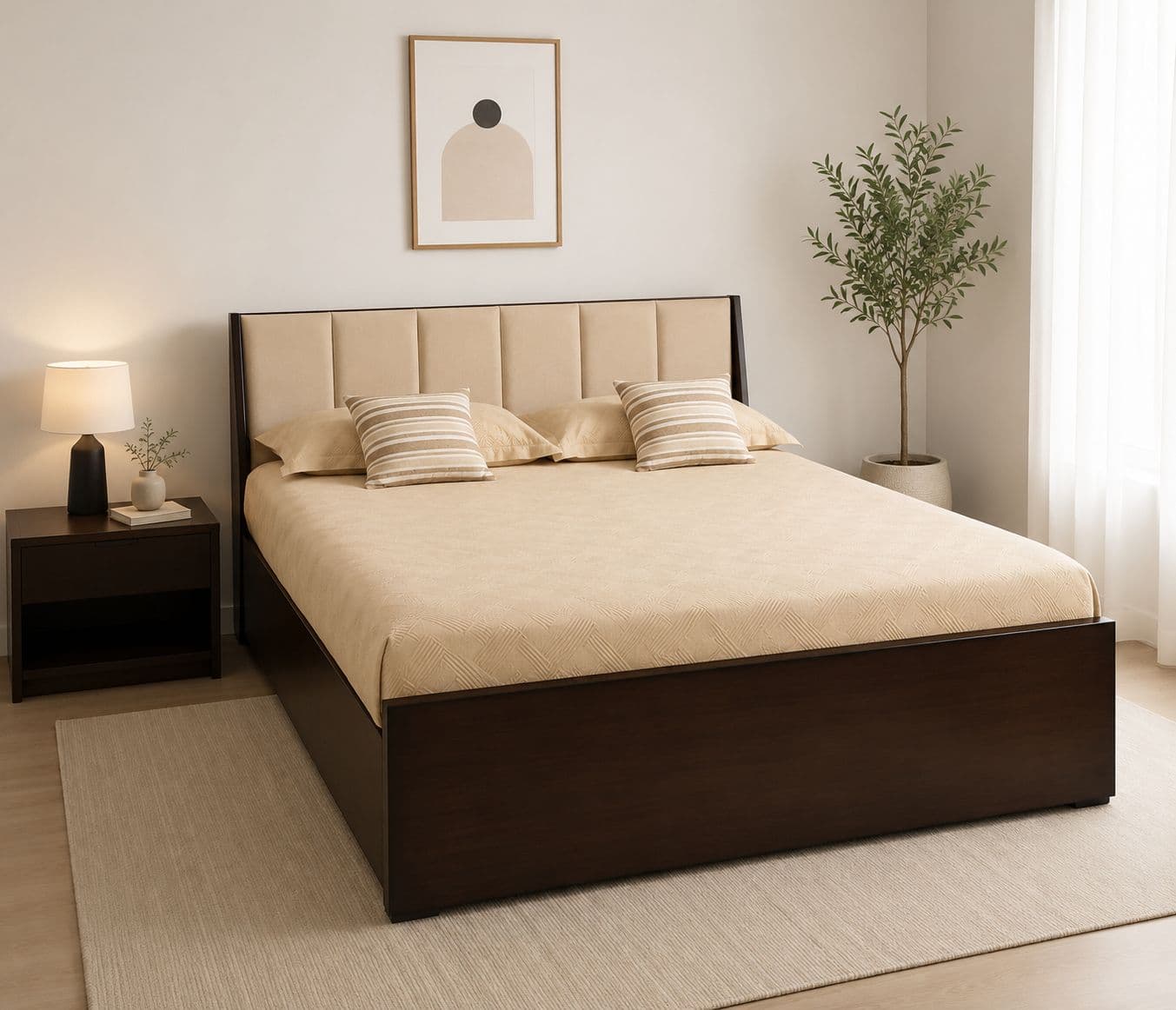 Cushion Patti Queen Size Bed with Drawer Storage (Block Board, Brown) (BS - BSK)(BTM) (WF)(BWD)(SKN)