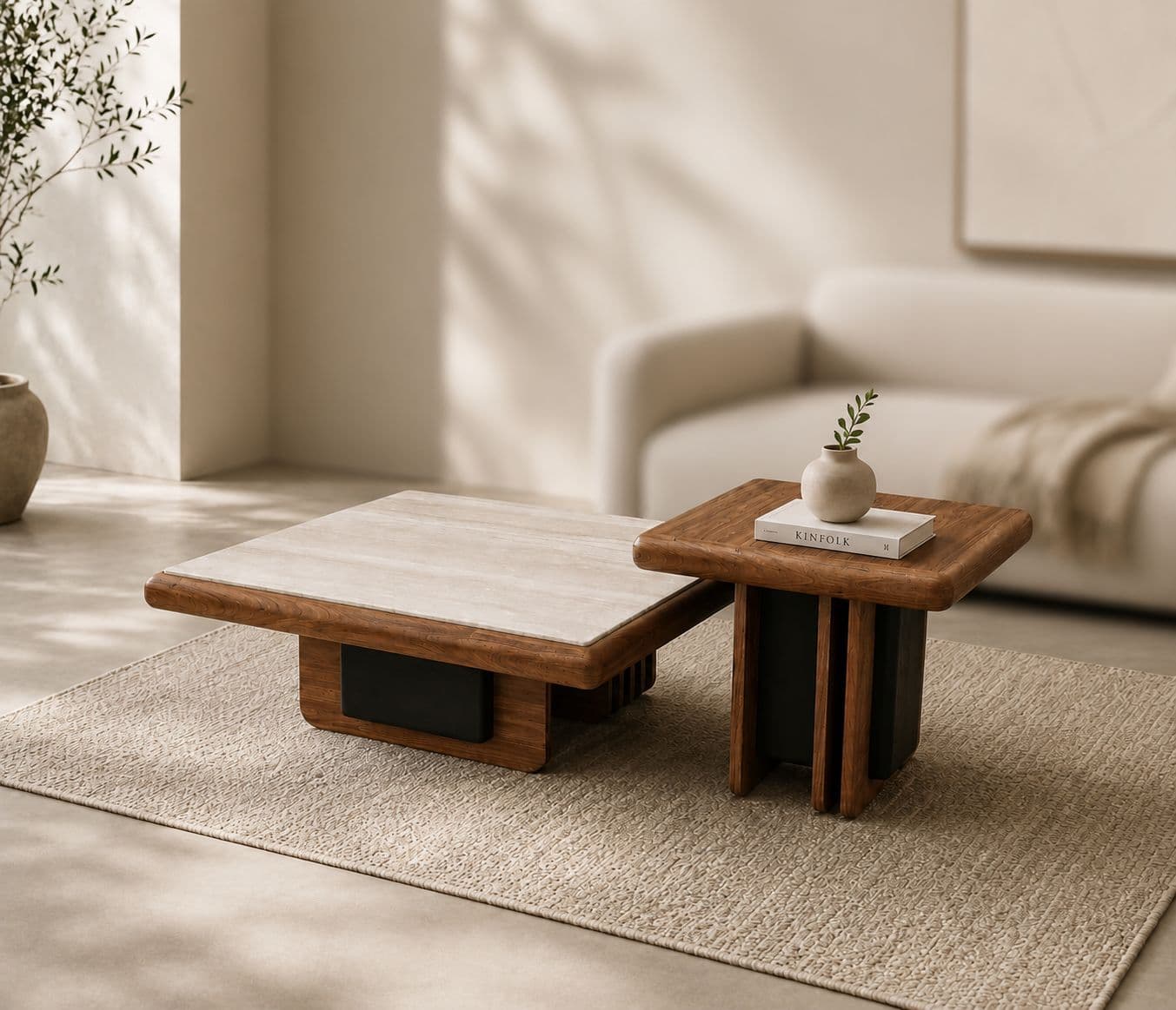 Center Table KD -72 Marble Top With Ash Wood Base And Wood Croner Table (HYD)