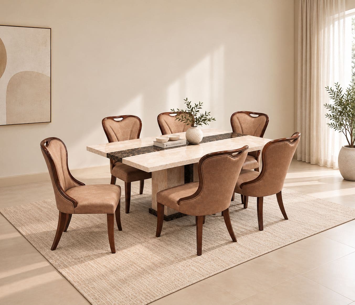Image 1 for 372 Dinning table + 208 Chair Solid Rubber Wood Artificial Marble 1+6 Seater (CP)