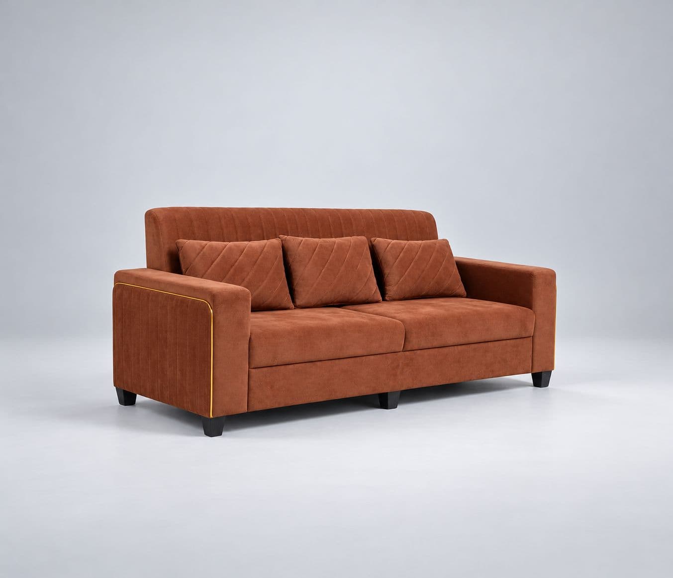 Image 4 for Oreo 3 Seater Premium Suede-Finish Velvet Fabric Cushioned Backrest with Vertical Stitching Wide Armrests Golden Piping Accents (WH)