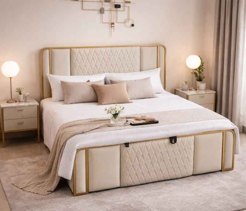 Gold strip cot King Size With Hydraulic  Storage (BSK OTD)