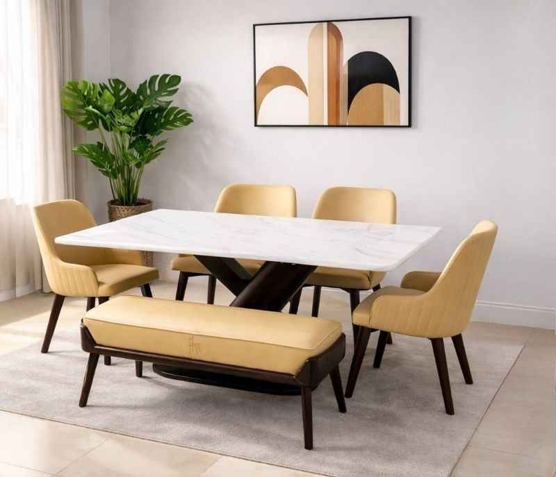 Axe 6 Seater Marble Dining Set with Bench and Leatherette Upholstery (BTM)(SKN)(BSK)
