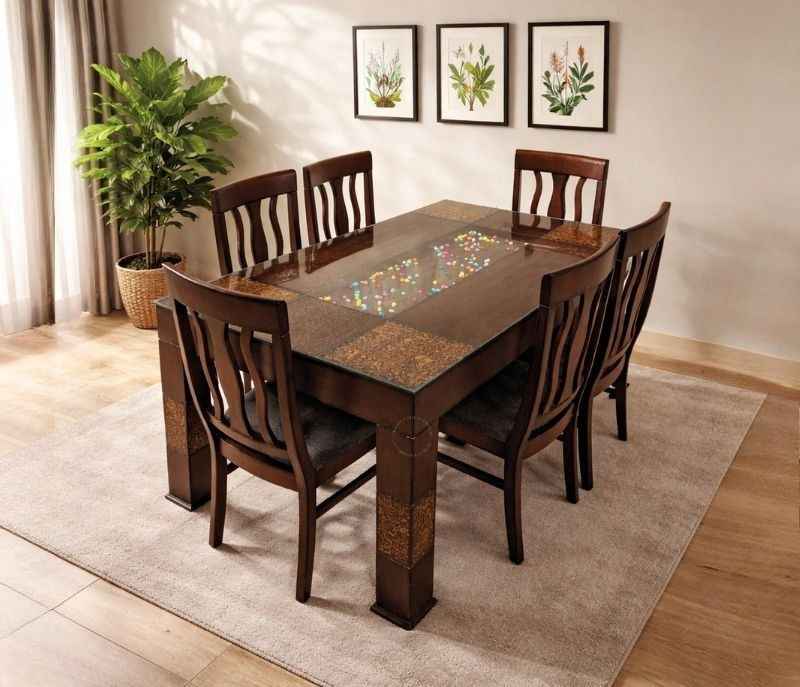 E 6 Seater Teak Wood Dining Set with Premium Fabric Upholstery (BSK)