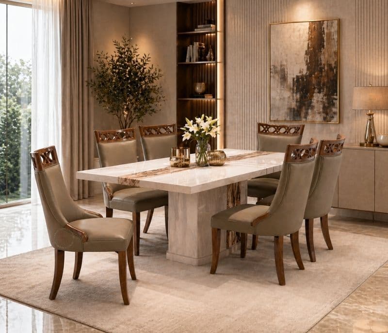DT - 1061-1/3330 6 Seater Marble Dining Set with Premium Leatherette Upholstery (BTM)(KORA)(WF)