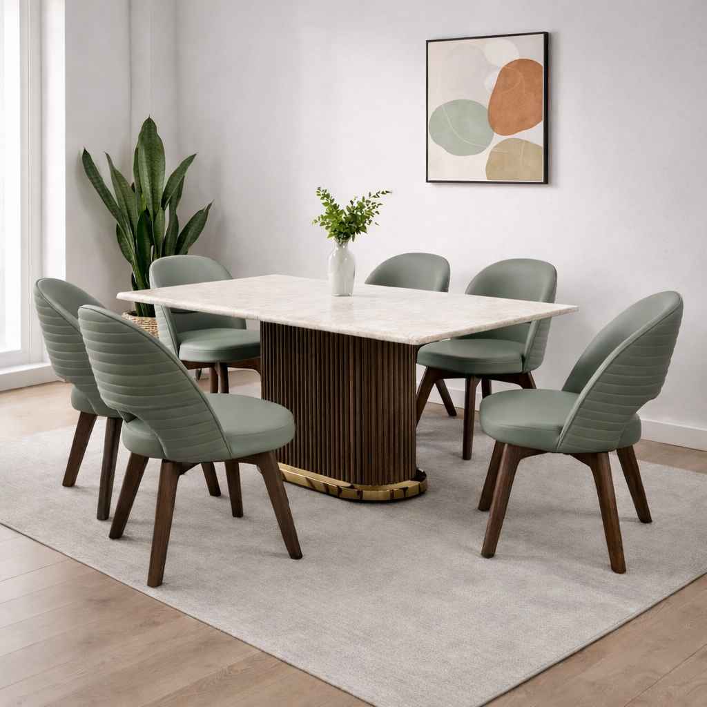 DT 37/DC ASH 412R 6 Seater Ash Wood Dining Table Set with Marble Top (BS-WF)