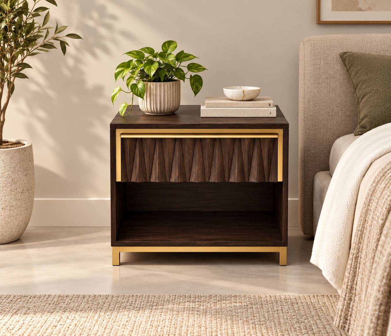 Image 1 for Soho Bed Side Table Drawer Mechanism With Gold Accent Wood Finish With Smooth Matte Satin Coating (HYD OTD)
