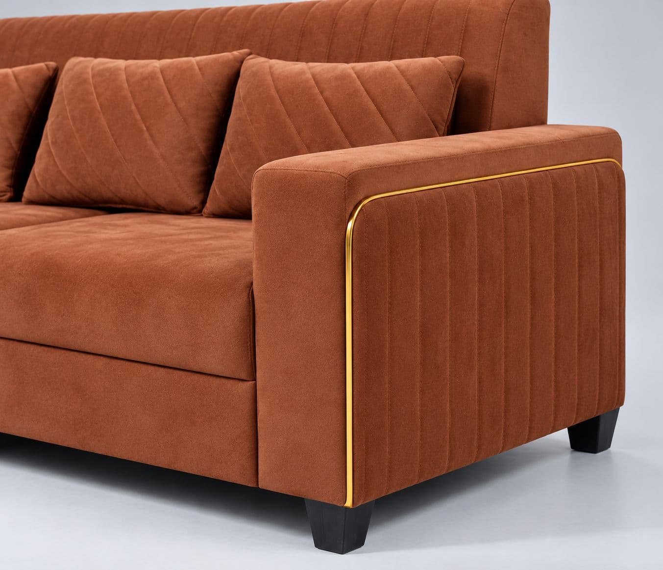 Image 3 for Oreo 3 Seater Premium Suede-Finish Velvet Fabric Cushioned Backrest with Vertical Stitching Wide Armrests Golden Piping Accents (WH)