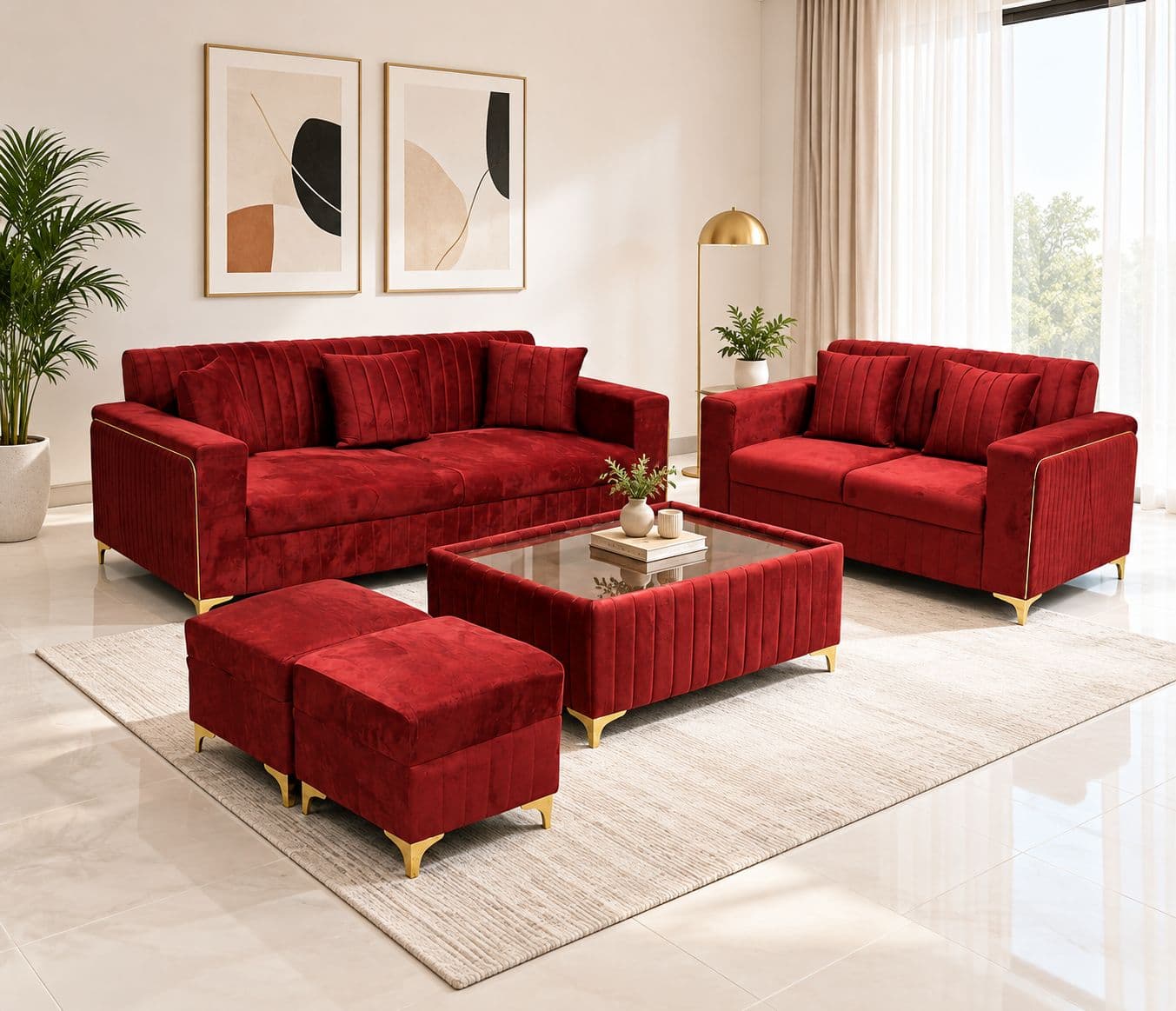 Image 1 for New Oreo Sofa 3+2+2 Puffy+Center Table With Glass Velvet Fabric  (EC)(HYD)