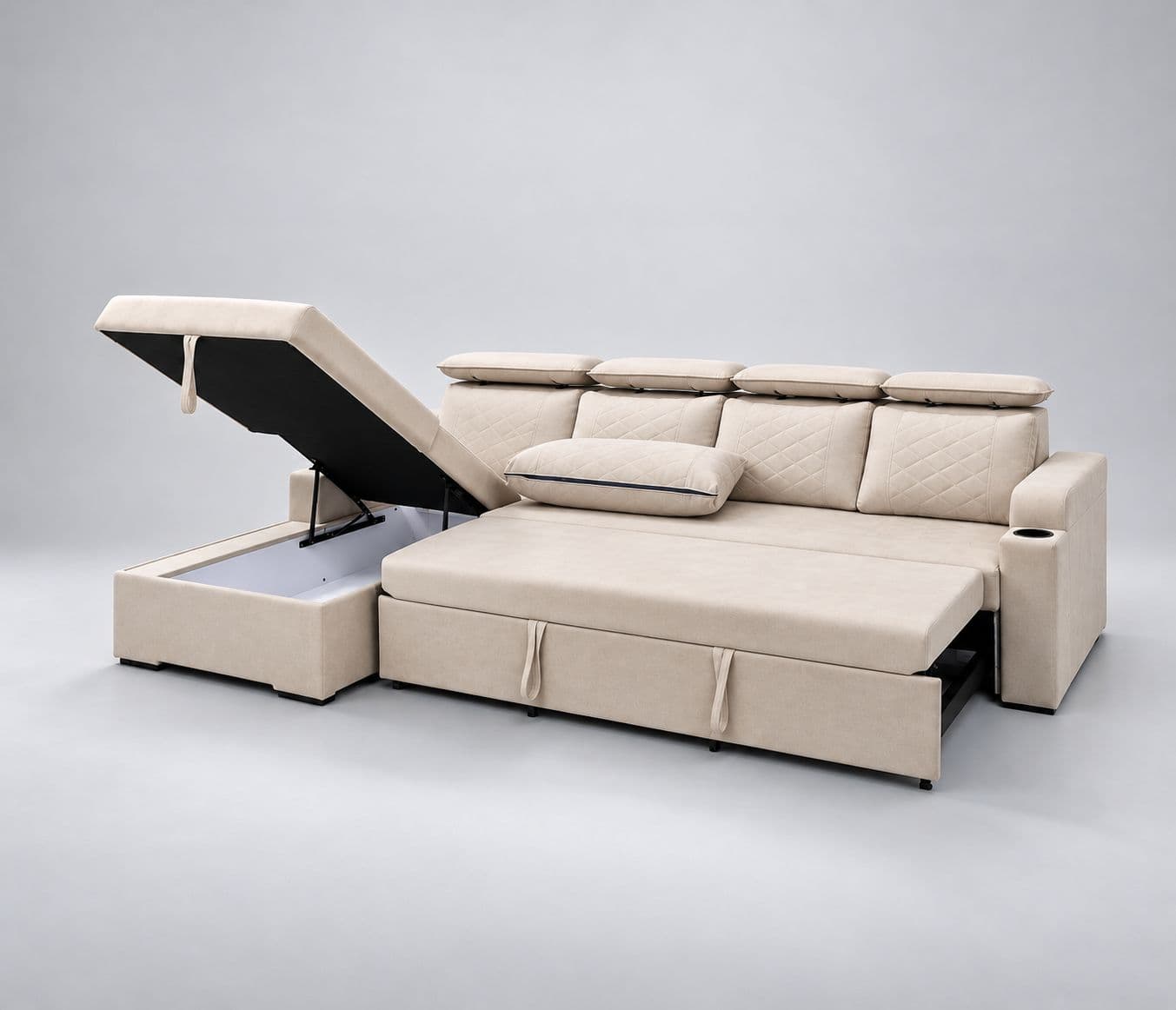 Image 5 for Bugathi SCB 3+Lounger Premium L-Shape Sofa Cum Bed  Fabric Finish A Spacious Storage Compartment, An Easy Pull-Out Sleeping Arrangement, Soft Cushioning (WH)