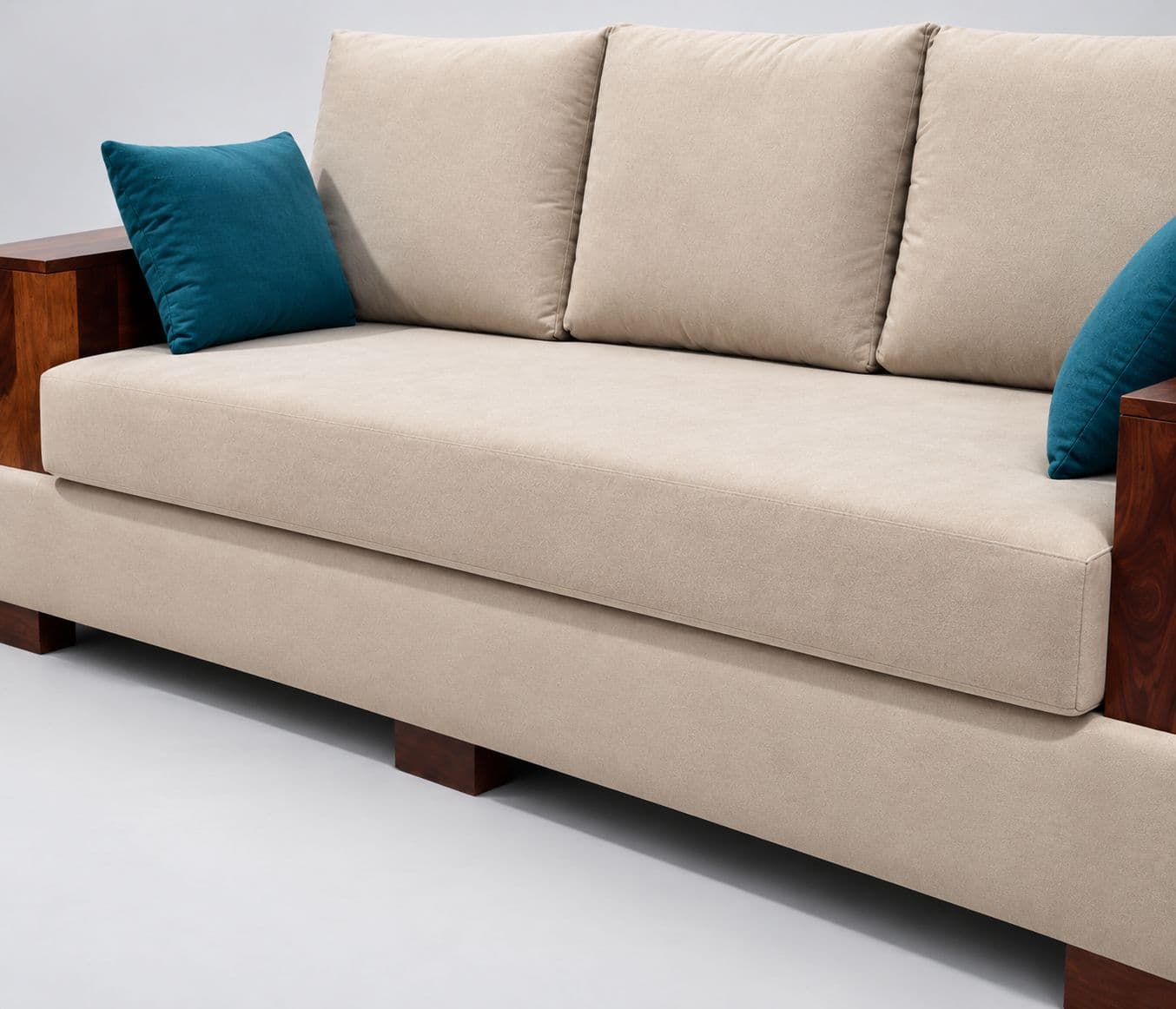 Image 7 for Box Sofa Set  3+2+Divan Premium Modern Wooden Frame with Dark-Brown Finish Wide Wooden Armrests with Open Storage Compartments (WH)