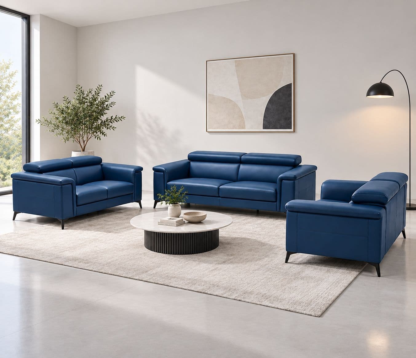 Douglas 3+2+2 Sofa Set Premium Royal Blue Leather Adjustable-Style Cushioned Headrests Thick, Comfortable Cushioned Seating Metal-Style Legs (WH)