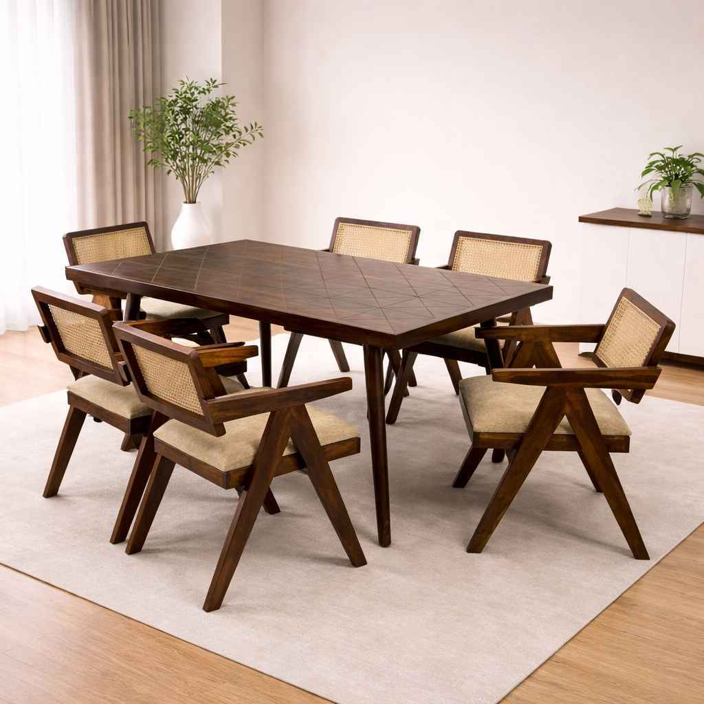 Roma 6 Seater Sheesham Wood Dining Set with Premium Fabric and Cane Upholstery (WF, EC OTD)