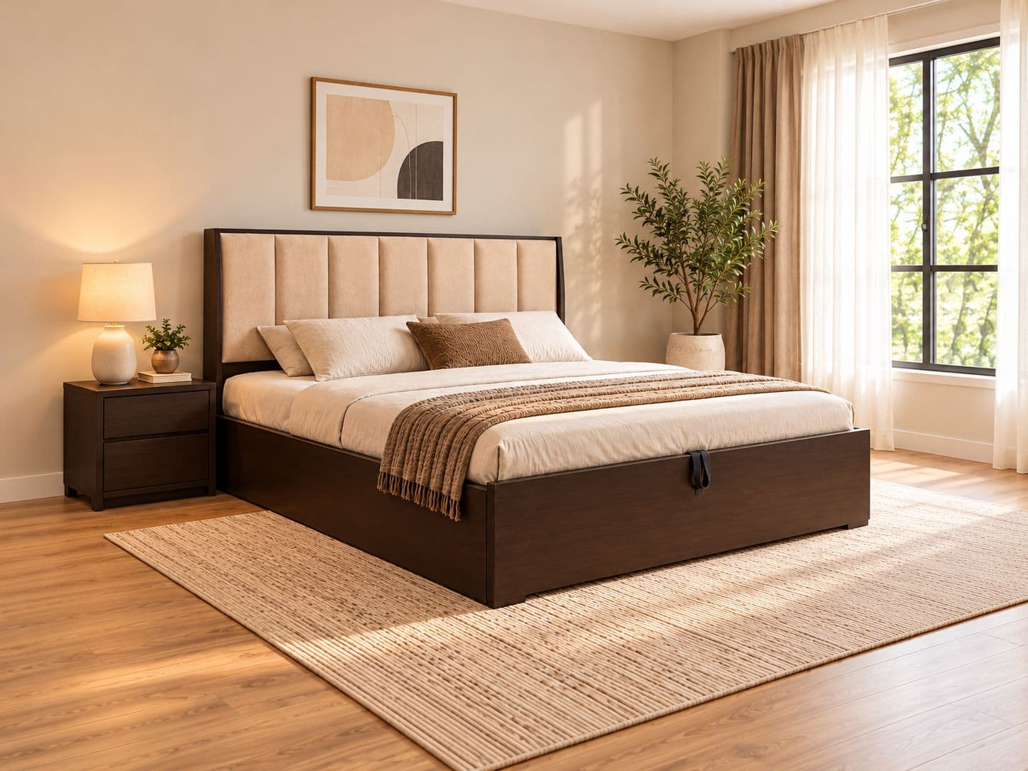 Patti Cushion Cot King Size 72"x78 "Box With Hydraulic Play And Engeneering Wood Legs Assam Teak (BSK)
