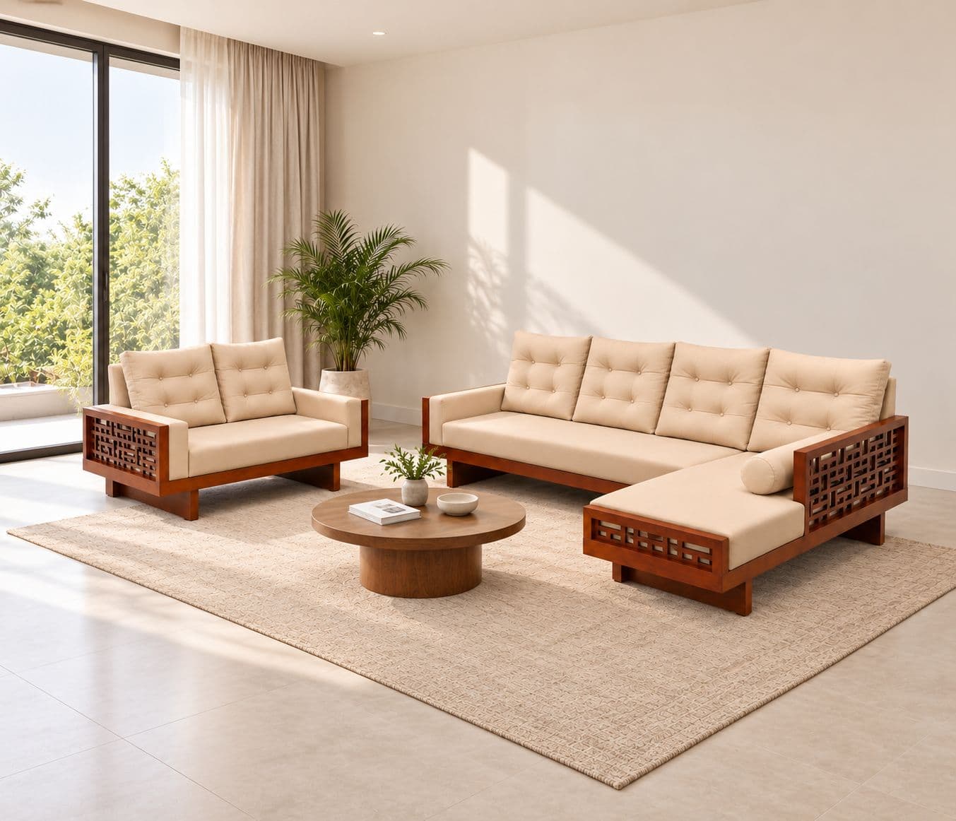 Image 1 for Estonia Sofa 3+ Lounger With 2 Seater High Density Foams And Micro Seude Fabric And Acacia Wood (BTM OTD)