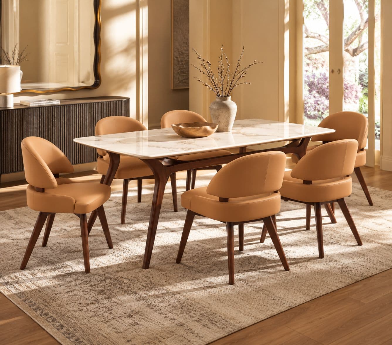 Florence 6 Seater  Wooden Base Dining Table With Marble Top