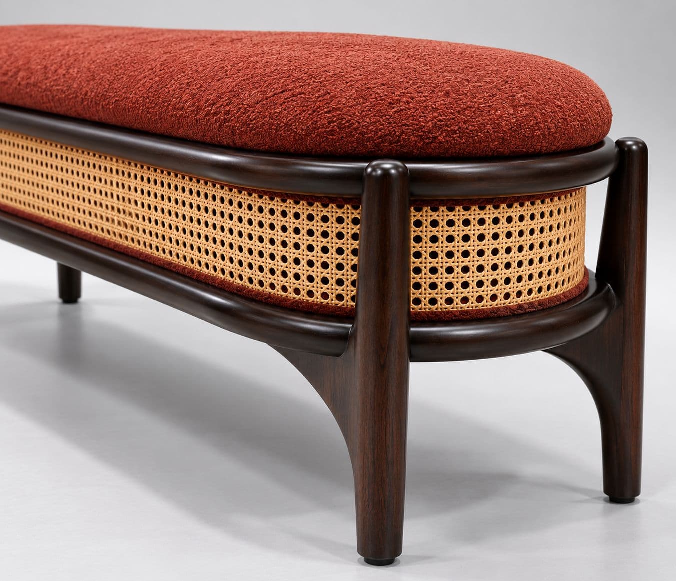 Image 11 for Mocha Coocon 09 An Elegant Upholstered Bench Featuring A Rich Rust-Coloured Cushioned Seat Tapered Wooden Legs With Smooth High-Density PU Foam Padding For Comfortable Seating