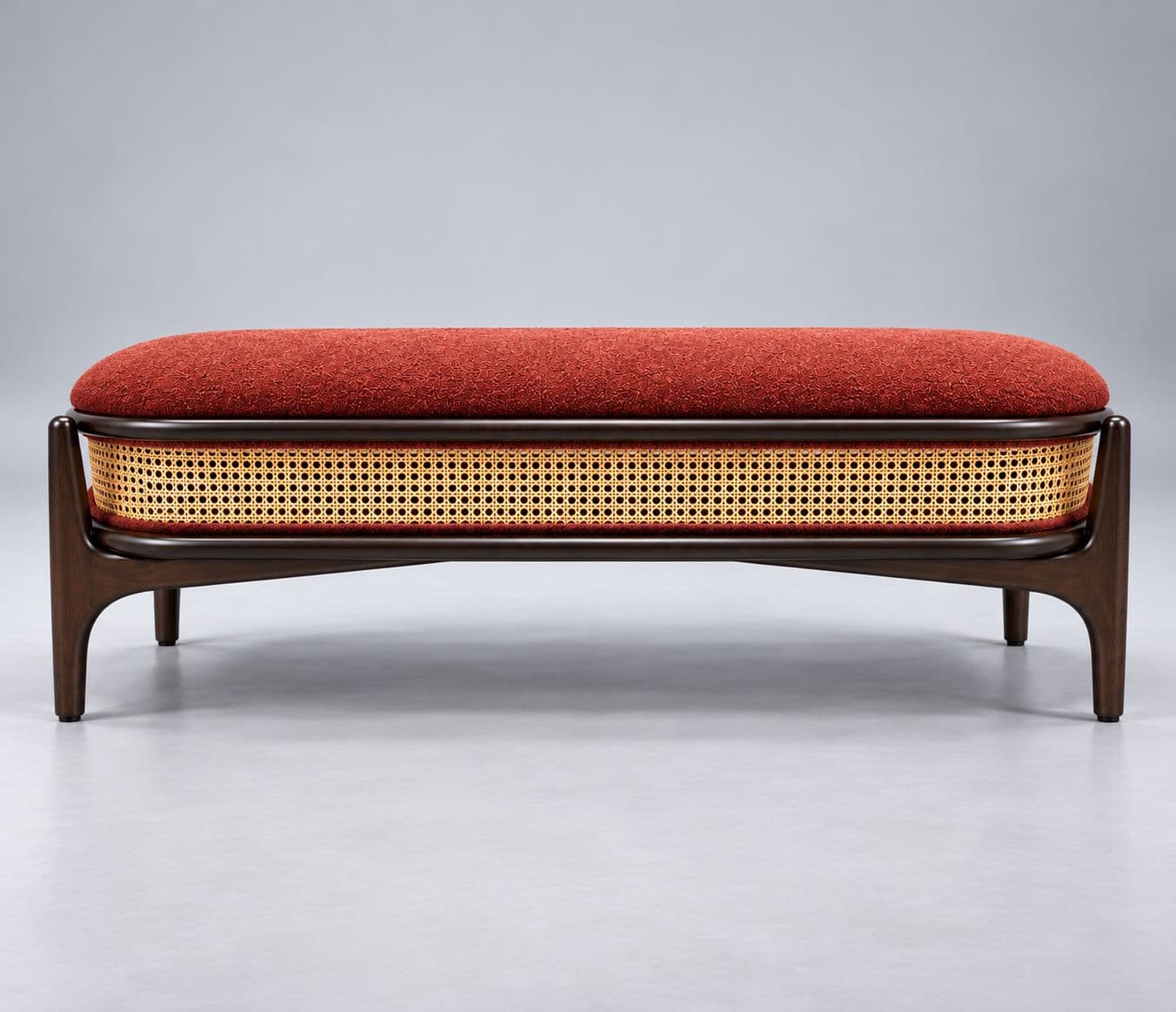 Image 9 for Mocha Coocon 09 An Elegant Upholstered Bench Featuring A Rich Rust-Coloured Cushioned Seat Tapered Wooden Legs With Smooth High-Density PU Foam Padding For Comfortable Seating