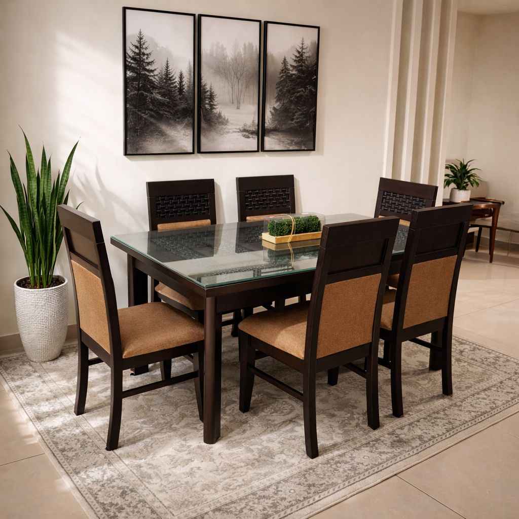 Chocolate DT 6 Seater Assam Teak Wood Dining Set with Fabric Upholstery (BTM) (WF)