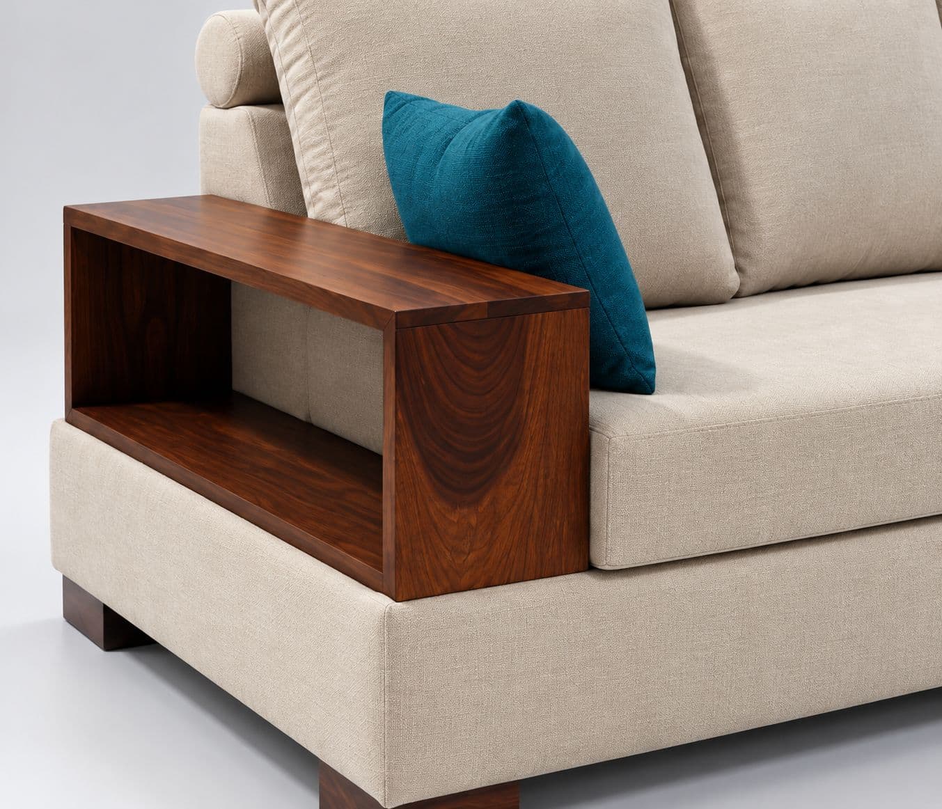 Image 2 for Box Sofa Set  3+2+Divan Premium Modern Wooden Frame with Dark-Brown Finish Wide Wooden Armrests with Open Storage Compartments (WH)