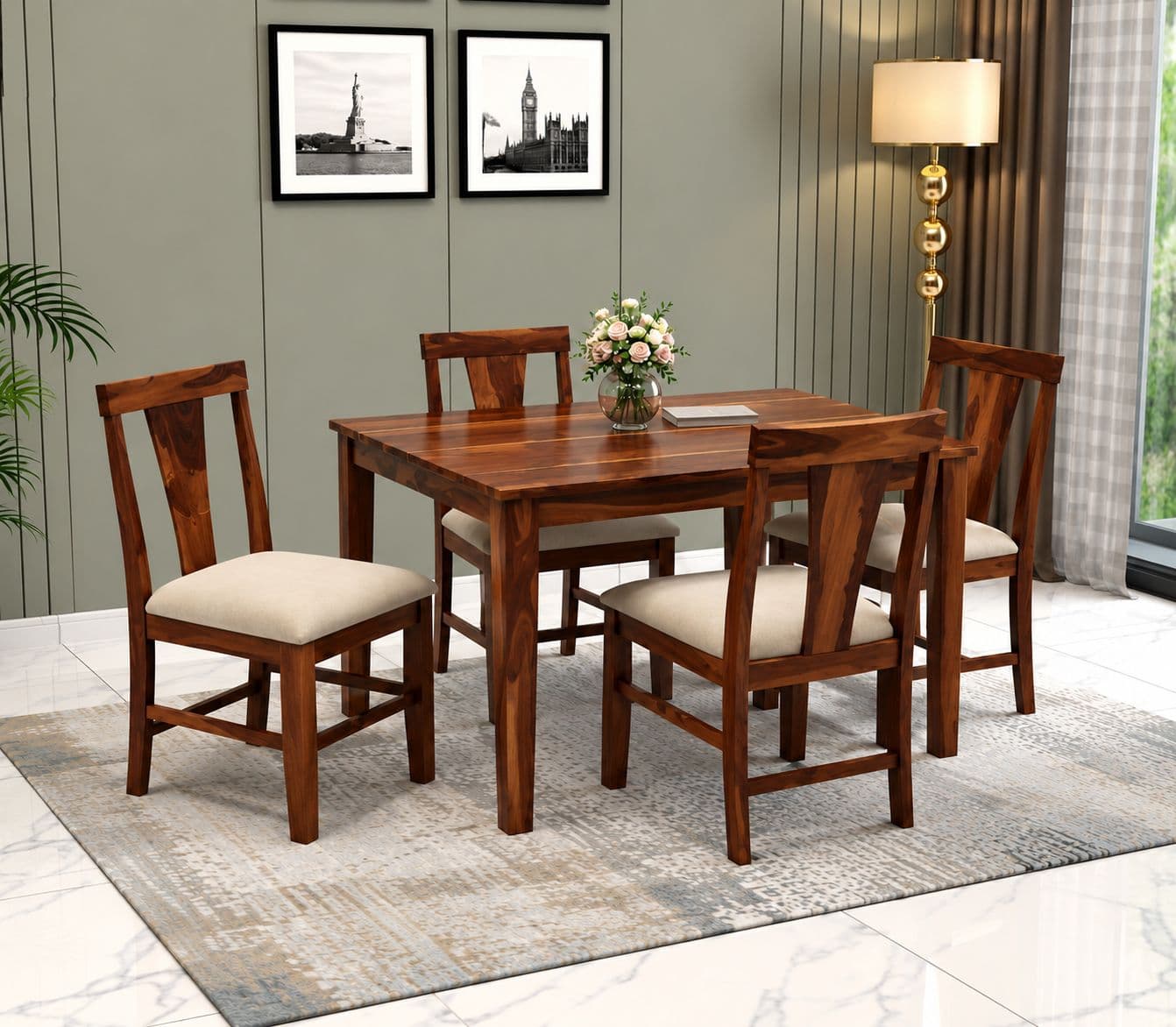 Image 1 for Zana 4 Seater Dining Set with Solid Sheesham Wood with Premium Fabric Upholstery (EC)
