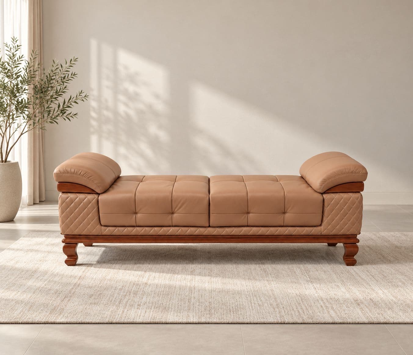 Talwar A stylish diwan sofa Premium Tan-Brown Upholstery Elegant Diamond-Pattern Stitching And A Classic Wooden Base (WH)