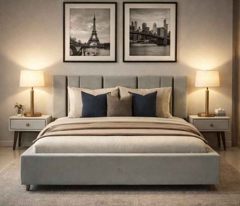 Lux King Sized Bed Without Storage (Velvet, Grey) (KORA)