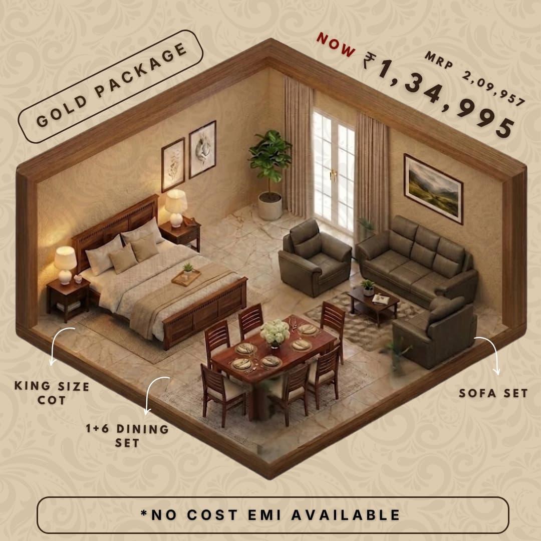 Gold Package — King Size Cot, Sofa Set, 1+6 Dining Set