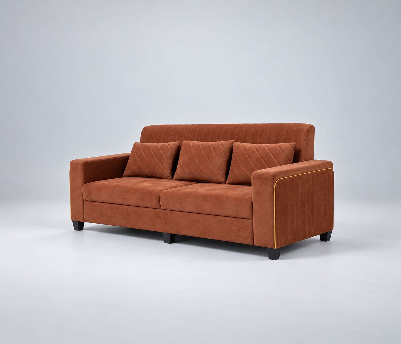 Image 6 for Oreo 3 Seater Premium Suede-Finish Velvet Fabric Cushioned Backrest with Vertical Stitching Wide Armrests Golden Piping Accents (WH)