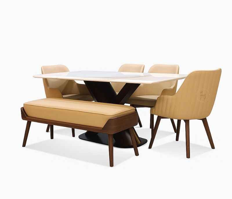 DT Axe - Dc 334  Dining Table 1+ 4 chairs +1 Bench Composite Marble (SKN OTD)