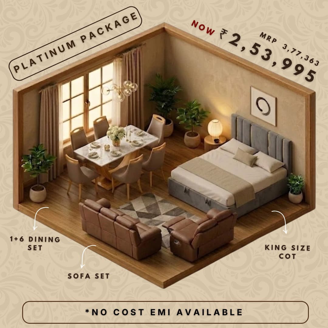 Platinum Package — King Size Cot, Sofa Set, 1+6 Dining Set