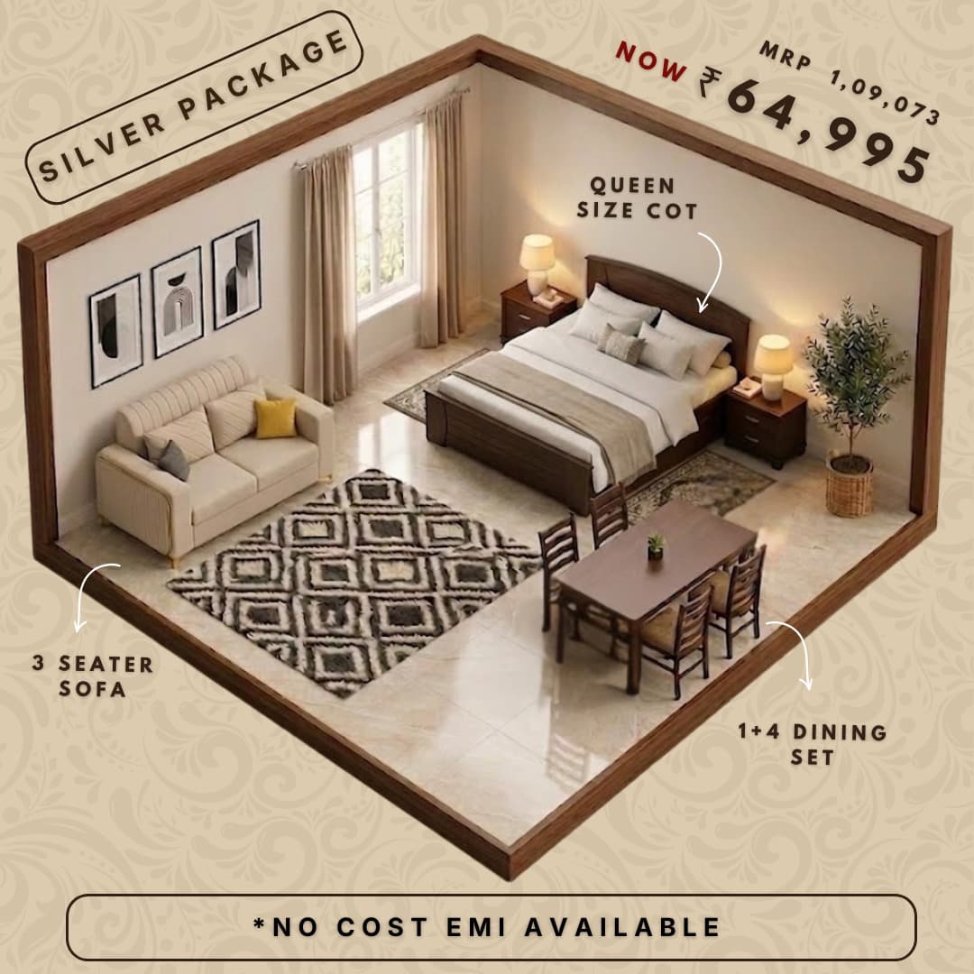 Silver Package — Queen Size Cot, 3 Seater Sofa, 1+4 Dining Set
