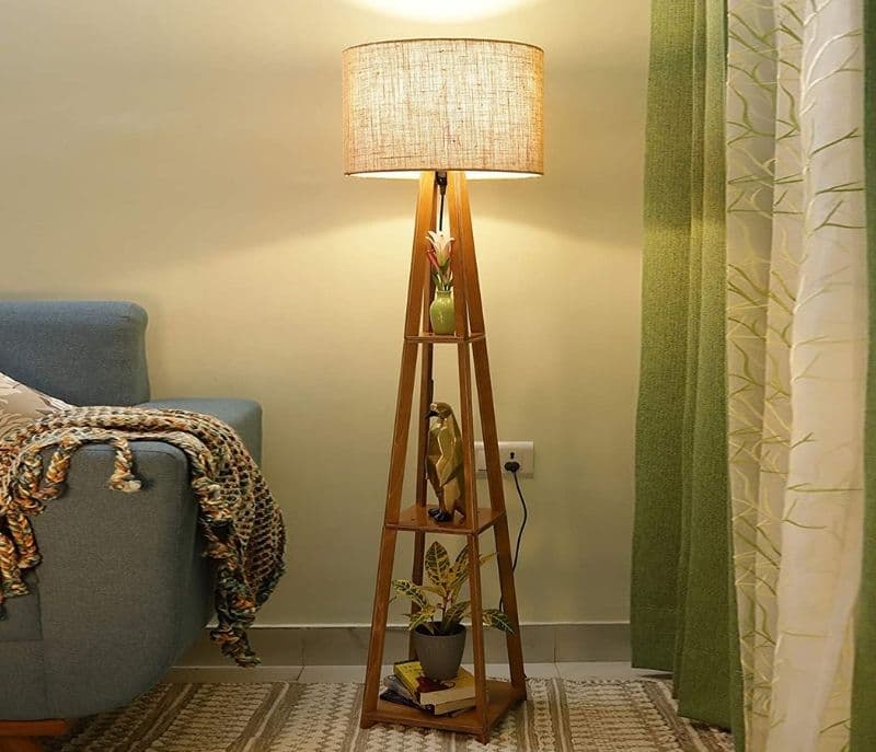 Lilly Wooden Floor Lamp with Shelf Natural Jute Shade