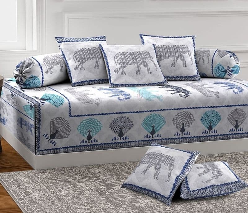 Singapore Screen Print Floral  Grey and Blue Cotton Screen Print  Set - Set of 8