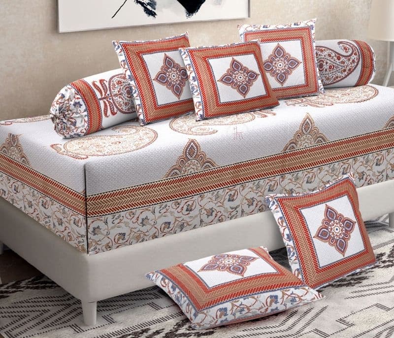 Paislee Jaipur White and Orange Floral Print Set of 8 Cotton Diwan Set